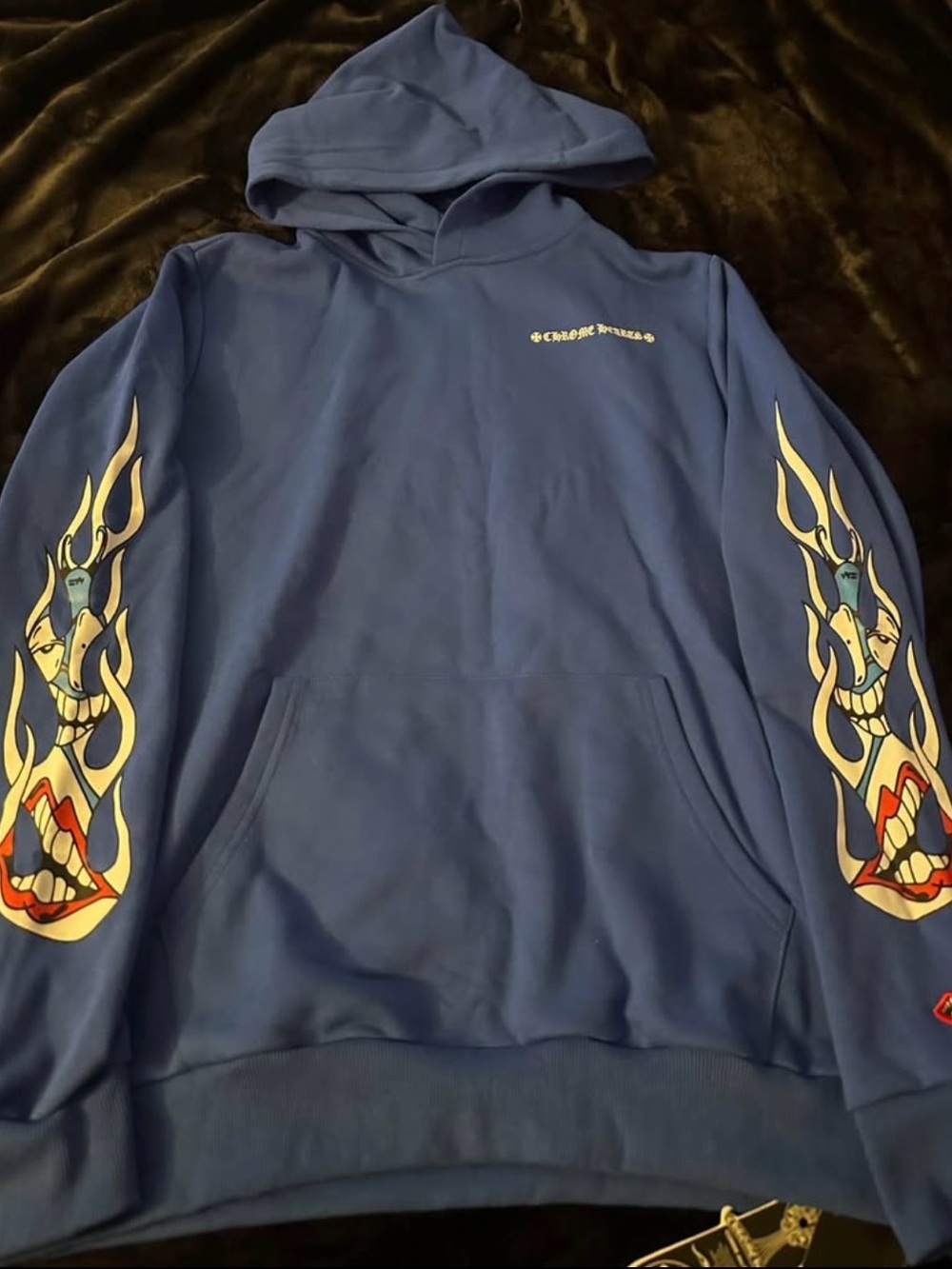 Chrome Hearts Blue Hoodie with Flame Face Sleeve Graphics